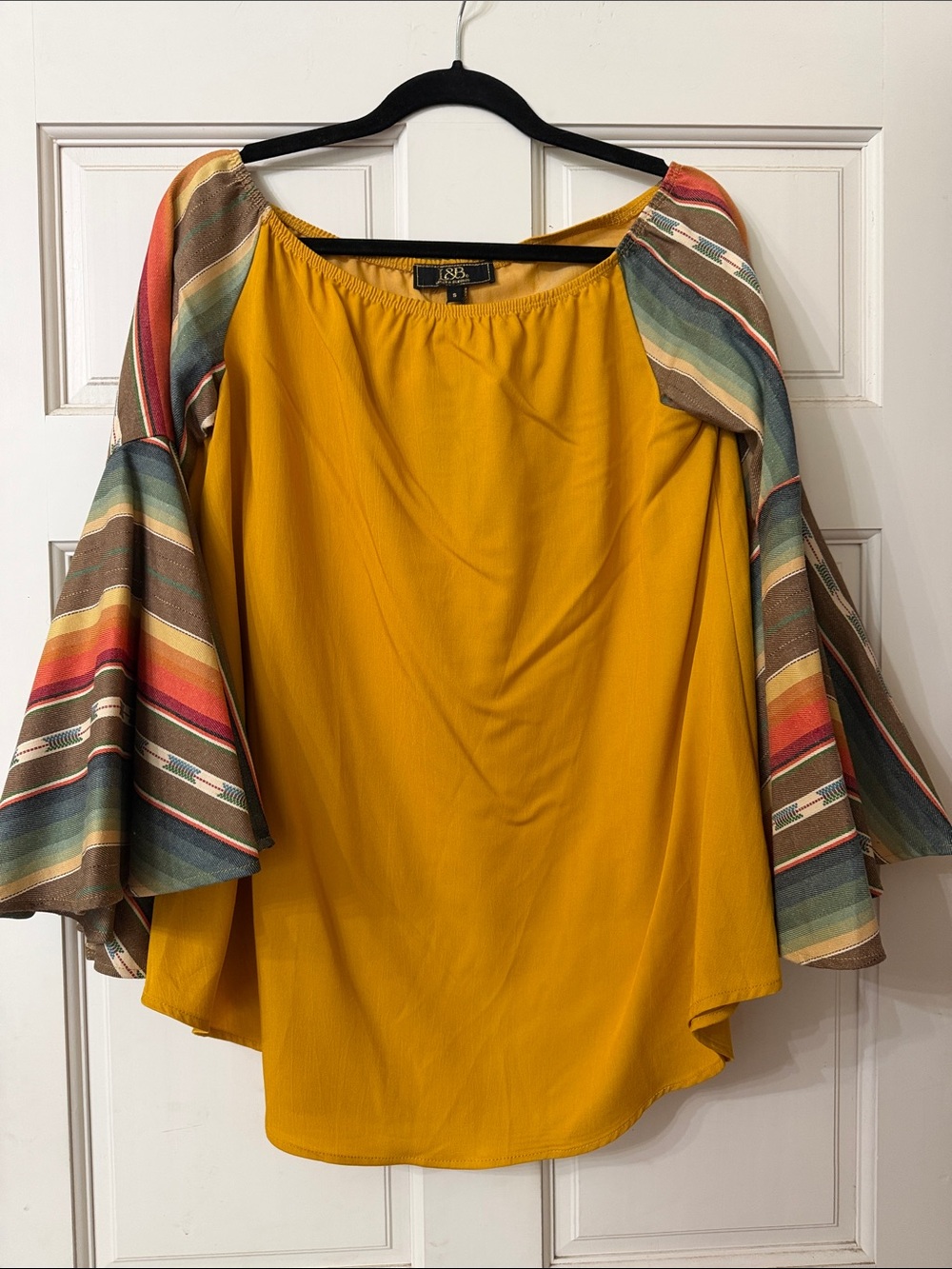 L&B Mustard Yellow Peasant Top with Southwestern Stripe Bell Sleeves